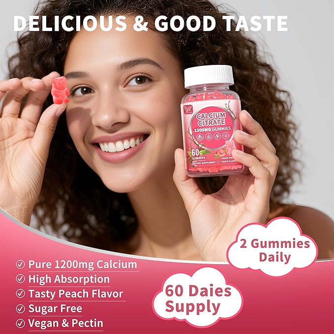 (2 Pack) Pure Calcium Citrate Gummies 1200 mg for Women &amp MenCalcium Citrate SupplementsHigh Absorption for Bone Muscle Healthy - Easy to Digest Sugar FreeVeganPeach Flavor60 Day Supply