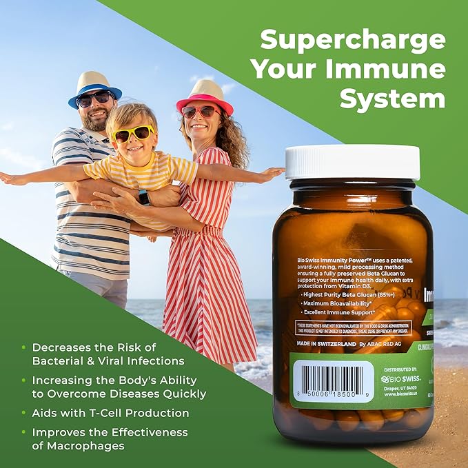 Bio Swiss Beta Glucan Immunity Power - 13D-16D Glucan with Vitamin D - Immune Support Supplement for Enhanced Defense and Wellness - Vegan Gluten-Free (120 Capsules)