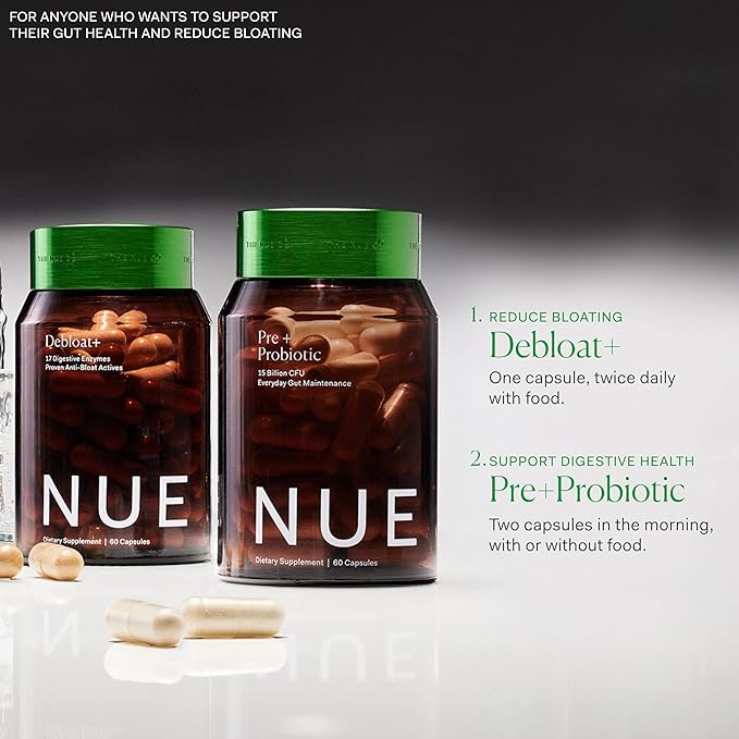 The Nue Co. Debloat+ Supplement - Vegan &amp Gluten Free Digestive Supplement for Bloating Gas &amp Abdominal Discomfort - Debloat Pills for Gut Health &amp Immunity | 60 Capsules