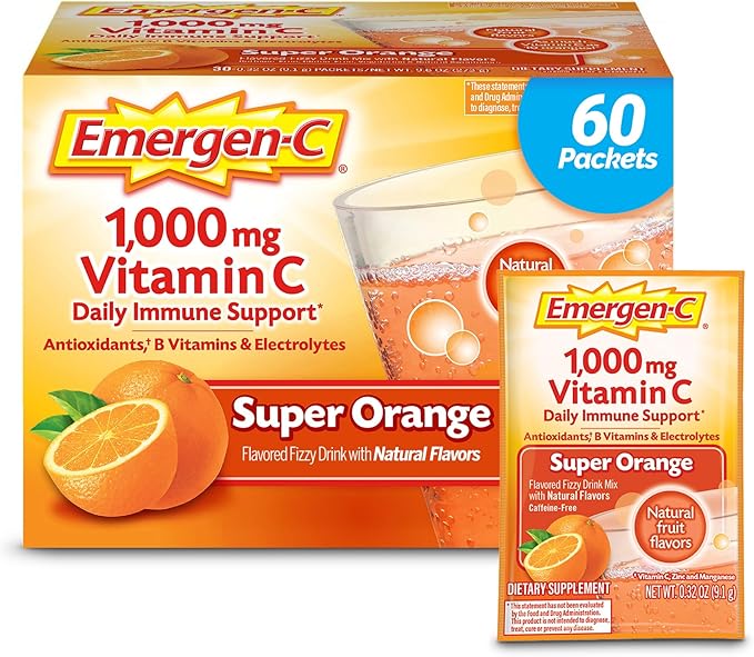 Emergen-C 1000mg Vitamin C Powder for Daily Immune Support Caffeine Free Vitamin C Supplements with Zinc and Manganese B Vitamins and Electrolytes Super Orange Flavor - 60 Count/2 Month Supply