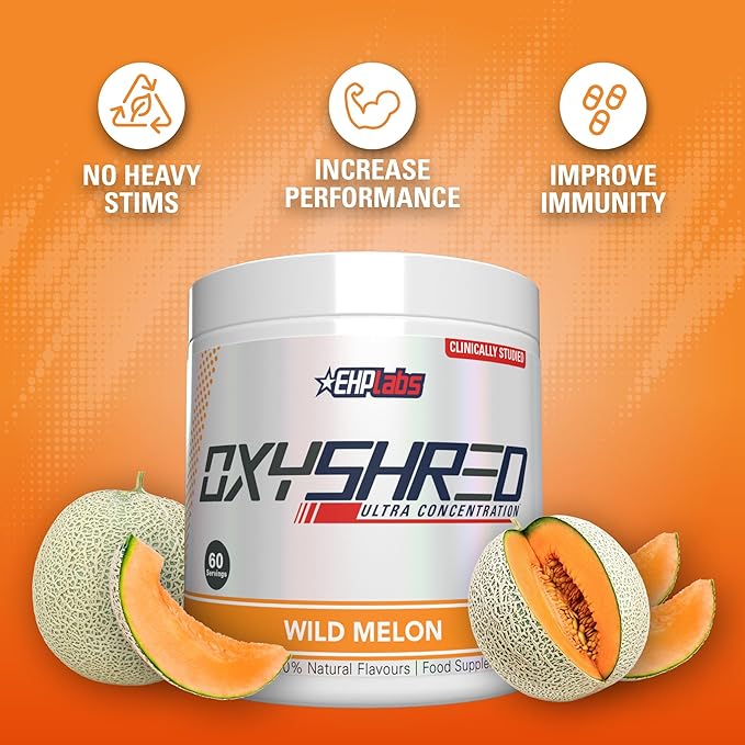 EHP Labs OxyShred Pre Workout Powder &amp Shredding Supplement - Preworkout Powder with L Glutamine &amp Acetyl L Carnitine Energy Boost Drink - Wild Melon 60 Servings