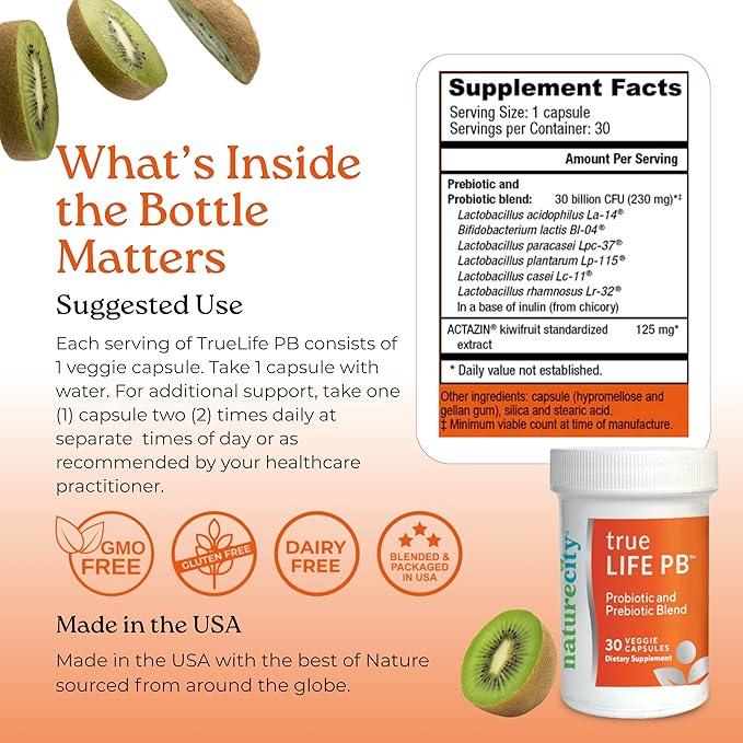 NatureCity True-Life-PB Shelf Stable Blend Prebiotics and Probiotics for Women and Men - Digestive Gut Health Supplements for Women and Men - Dairy Free - (30 Veggie Capsules)