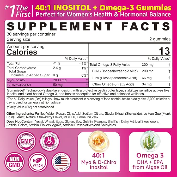Myo-Inositol &amp D-Chiro Ideal 40:1 Inositol + Omega-3(3:1) Gummies Hormone Balance for Women | Sugar Free Inositol Gummies w/Omega 3 DHA:EPA (3:1) Inositol Supplement for Cycle Health Vegan 60