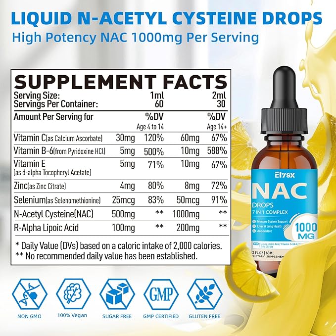 Liquid NAC Drops 1000MG NAC Supplement N-Acetyl Cysteine with Alpha Lipoic Acid for Adults &amp Kids Immune System &amp Antioxidant Support Liver &amp Lung Health Natural Lemon Flavor Sugar Fr