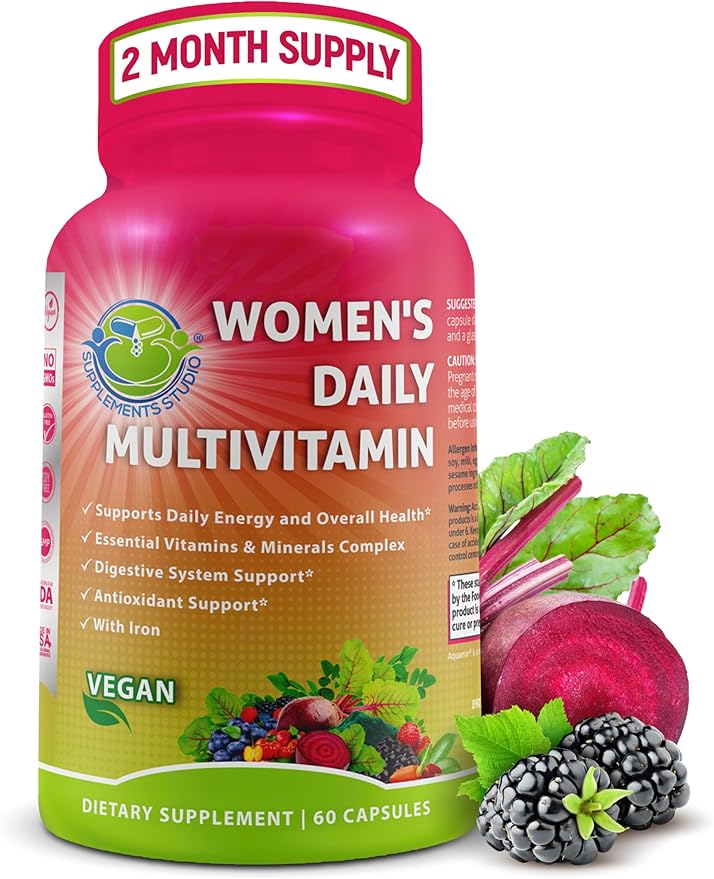 Women's Daily Multivitamin with Iron - Vegan Methylated Multivitamin for Women with Biotin Organic Superfoods Probiotics B-Complex - Energy Gut &amp Optimal Health Support – Easy to Swallow Capsu