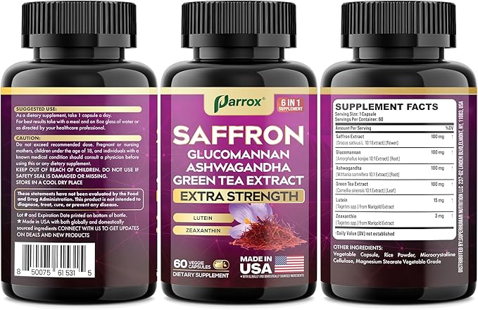Saffron Supplement with Glucomannan Ashwagandha Green Tea Extract Zeaxanthin &amp Lutein Vision Support &amp Daily Wellness Formula Extra Strength Plant-Based Capsules 6 Month Supply (3 Pack)