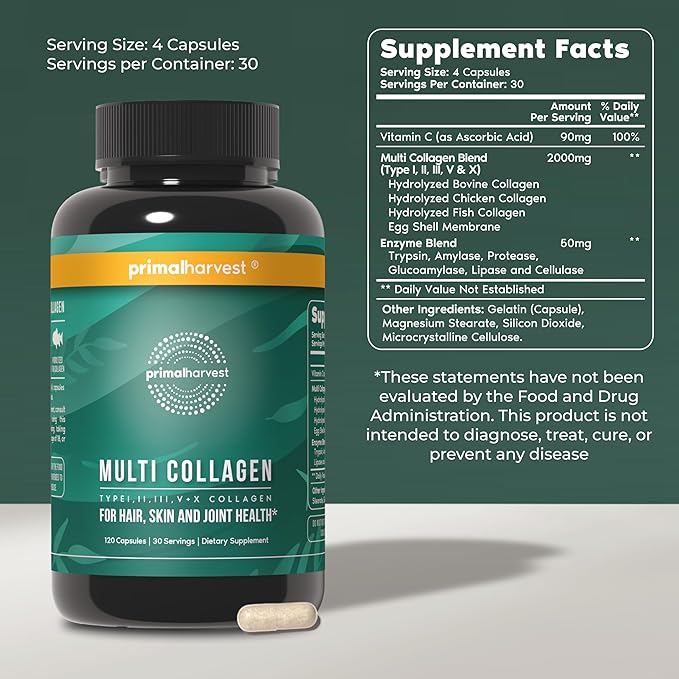 Primal Creatine Powder + Primal Multi Collagen Capsules Bundle | 2-Pack | Support Strength Recovery Joint &amp Skin Health | 30 Servings Each