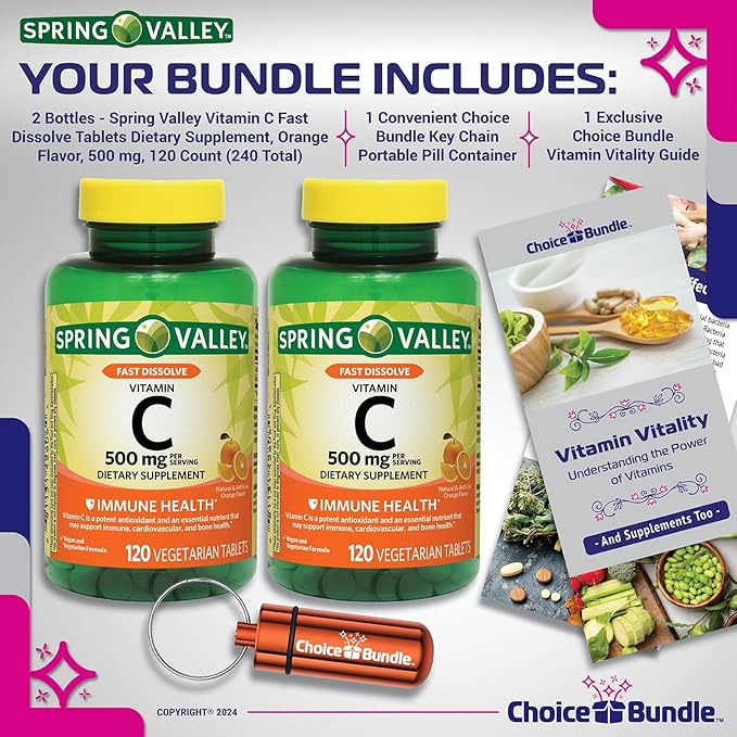 Spring Valley Vitamin C Immune Health Fast Dissolve Chewable Tablets 500 mg 120 Ct 2 Pk (240 Total) + Vitamin Vitality &amp Pill Container (4 Items)!
