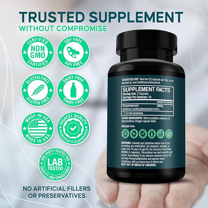 Phosphatidylserine Supplement – Premium Nootropic for Brain Health Memory Focus &amp Stress Support – 300mg Sunflower Lecithin Soy-Free Non-GMO High Purity &amp Potency Made in USA