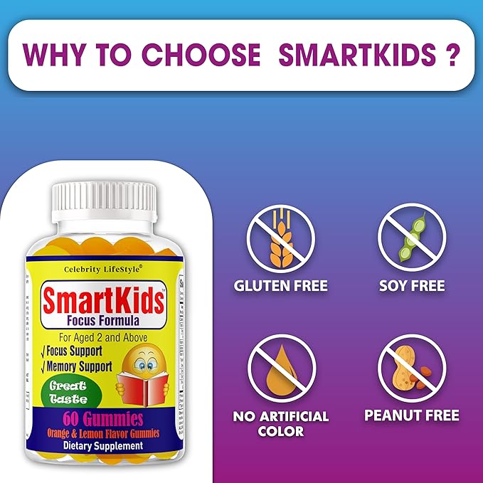 Smart Kids Focus Gummies with Omega 3 6 9 DHA Brain Support Teen Vitamin Kids Focus and Attention Supplements Vegetarian Memory Supplement for Brain Orange Flavor 60 Gummies