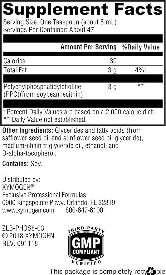 XYMOGEN PhospaLine Liquid - 3 g of Pure Polyenylphosphatidylcholine - Supports Healthy Nervous System &amp Cardiovascular Health - Vegan Gluten-Free &amp Non-GMO - 8 fl oz