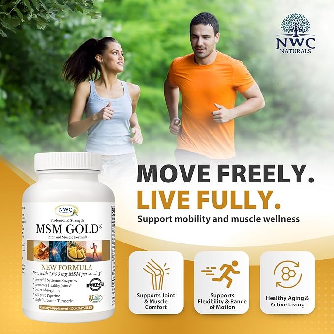 NWC Naturals MSM Gold – Systemic Enzyme Supplement with Turmeric Tomato Lycopene &amp BioPerine for Nutrient Absorption – Joint &amp Muscle Support – 150 Antioxidant-Rich Vegetarian Capsules