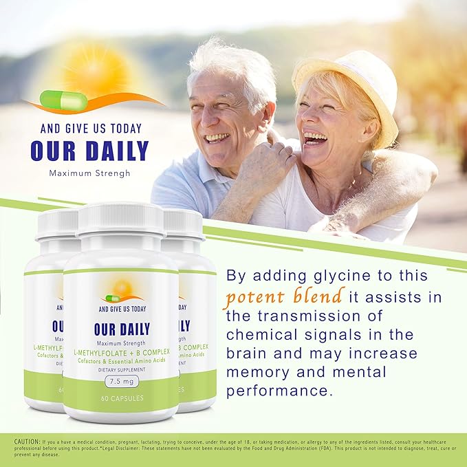 Our Daily Vites L-Methylfolate B Complex Cofactors &amp Essential Amino Acids (7.5mg) - Active Folate Methylated B12 Methylcobalamin B6 and Glycine - 60 Count