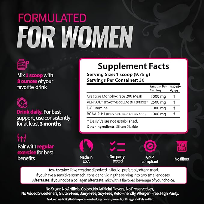 Creatine for Women – Supplement with Collagen &amp BCAA – Supports Muscle Development Post-Workout Recovery Skin Elasticity Healthy Hair &amp Nail - (2 Pack x 30 Servings Unflavored)