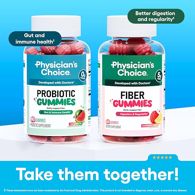 Physician’s Choice Probiotic Gummies with Vitamin D &amp Prebiotic Fiber - Sugar Free - 1B CFUs of Clinically Studied Probiotic - Supports Immune &amp Gut Health for Adults - Watermelon Flavor - 90C