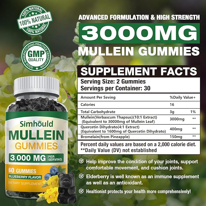2 Pack Sugar Free 3000MG Mullein Gummies - Lung Cleanse Mullein Leaf Extract Supplement for Respiratory Organic Mullein Drops with Quercetin &amp Bromelain for Lung Digestive Health &amp Immune