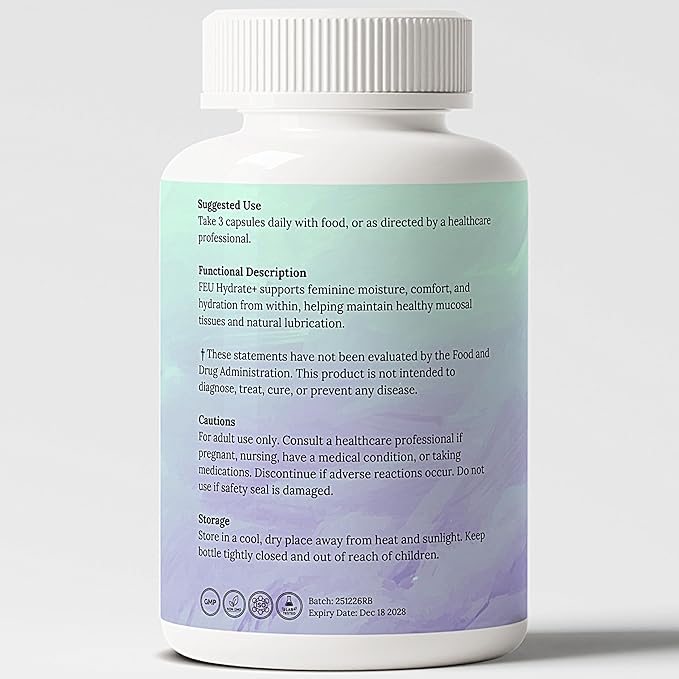 FEU Hydrate Plus – Women’s Intimate Moisture &amp Skin Hydration Support – Sea Buckthorn Oil (Omega-7) Evening Primrose Oil Hyaluronic Acid Sea Moss &amp Vitamin E – 120 Vegan Capsules (40 Servin