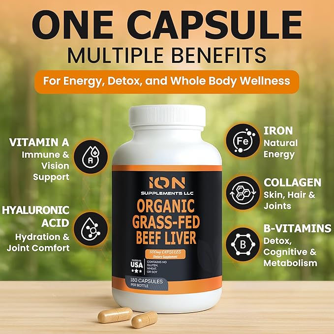 100% Organic Grass Fed Beef Liver Capsules (180 Caps) - Pasture Raised - Iron Vitamin A B Collagen - Promotes Energy Detoxification Whole Body Wellness - Ancestral Paleo Living - Ion Supplements