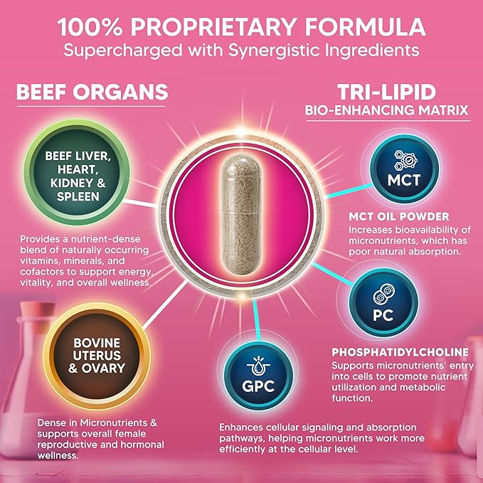 aSquared Nutrition Beef Organ Supplement for Women - Grass Fed Liver Capsules - Ovary Uterus Kidney &amp Heart - Female Superfood - Women's Complex Pills for Energy &amp Health