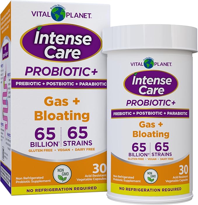 Vital Planet - Intense Care Gas &amp Bloating Probiotics Plus Organic Prebiotics Postbiotics Parabiotics Complete 4-in-1 Supplement for Adults 65 Billion CFU 65 Strains Digestive and Immune 30