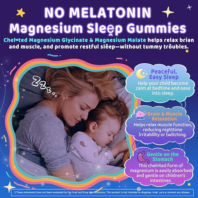 Kids Sleep Gummies NO Melatonin Sleep Aid Gummies w/ Magnesium Glycinate Magnesium Malate L-Theanine Lavender B6 Zinc D3K2 for Restful Sleep Relax Brain &amp Muscle Immune Support Non-GMO 1