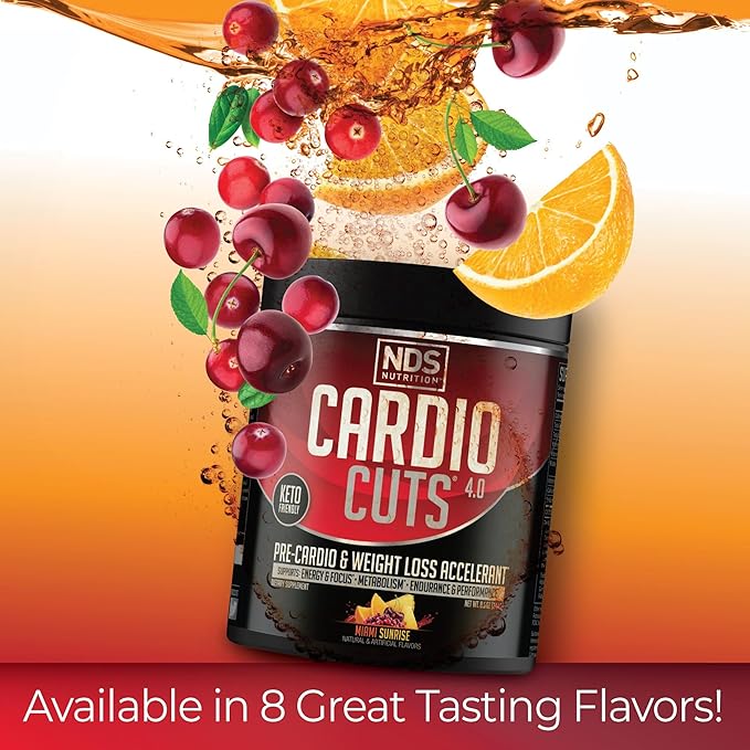 Cardio Cuts NDS Nutrition 4.0 Pre Workout Supplement - Advanced Weight Loss and Pre Cardio Formula with L-Carnitine CLA MCTs L-Glutamine and Safflower Oil - Miami Sunrise (40 Servings)