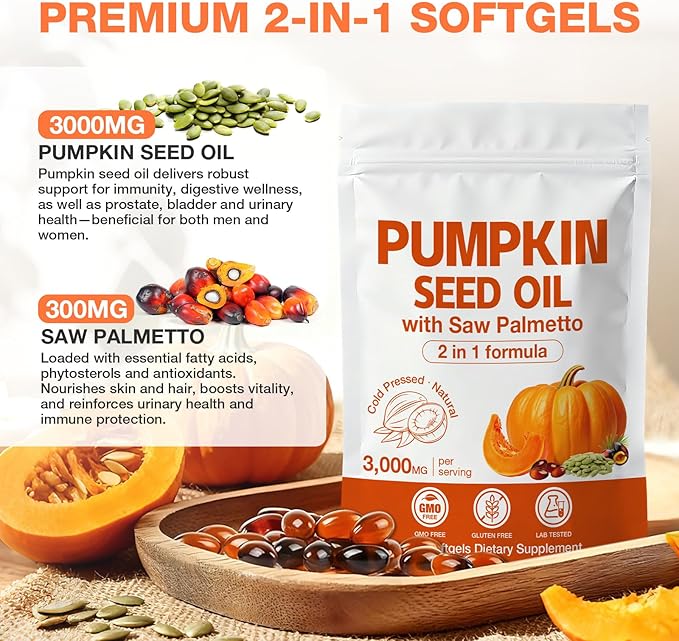 3000mg Max Strength Pumpkin Seed Oil + Saw Palmetto Capsules (300 Softgels) - Cold-Pressed Blend Supports Hair Growth Prostate Health &amp Urinary Tract Bladder Support Immune Boost Non-GMO