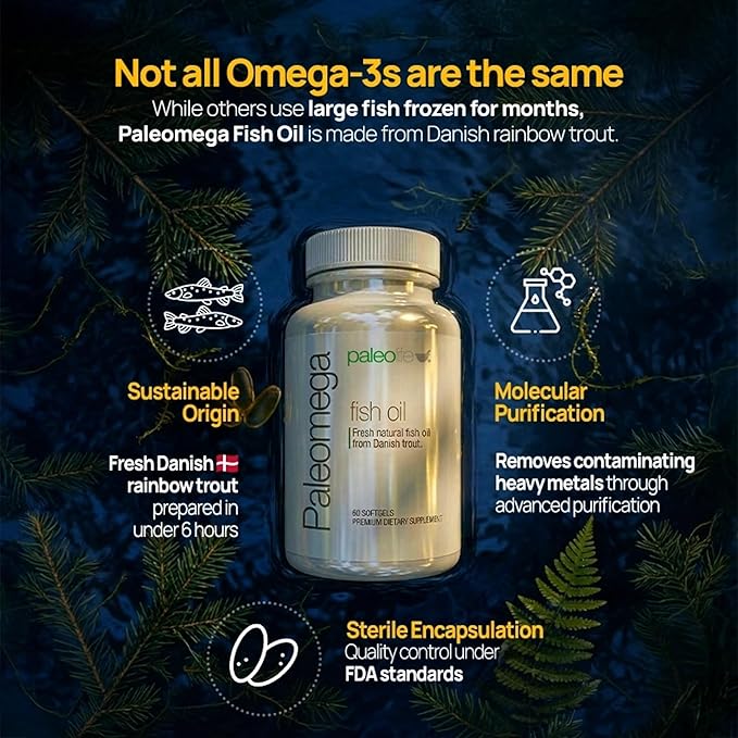 Paleolife - Premium Paleomega Fish Oil. Fresh Natural Fish Oil from Danish Trout - 1500 mg. 60 Soft Capsules (1-Pack)
