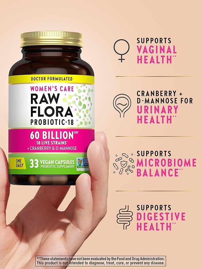 Raw Flora Women's Probiotics | Dr. Formulated 60 Billion CFU + Prebiotics | Digestive Vaginal &amp Urinary Support | 33 Vegan Capsules with Cranberry &amp D-Mannose | Shelf Stable