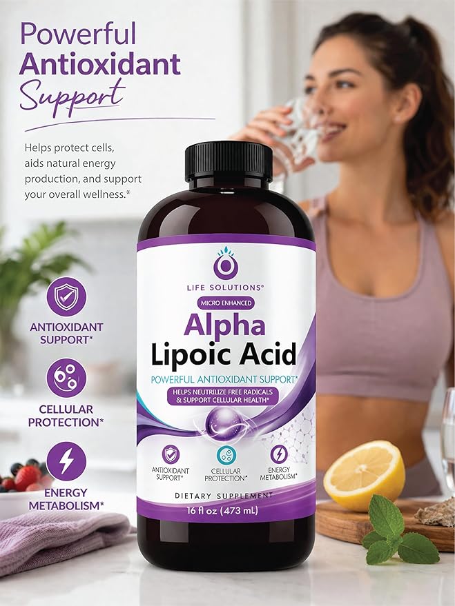 Life Solutions Liquid Alpha Lipoic Acid Supplement 50 mg – Antioxidant Support for Nervous System Function &amp Cellular Energy Metabolism – Easy-to-Take Liquid – 16 oz Bottle