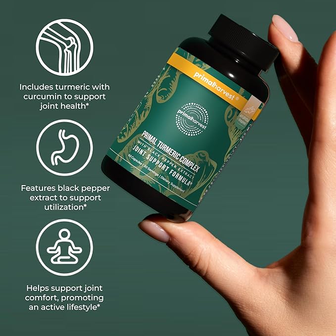 Primal Harvest 1 Pack Primal Turmeric Complex w/Black Pepper Extract Joint and Mobility Support Turmeric Supplement for Women &amp Men 60 Capsules