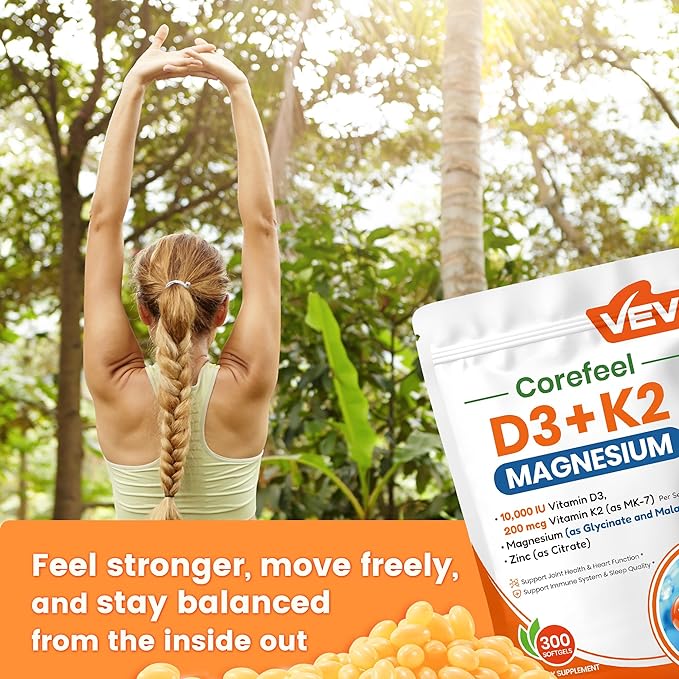 VEV Vitamin D3 K2 10000 IU Magnesium Supplement – with Vitamin D and K (MK-7) Magnesium Glycinate &amp Malate Zinc Citrate – 300 Softgels for Energy Bone &amp Muscle Support