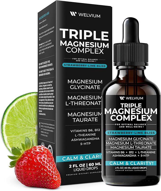 Triple Magnesium Complex Liquid Drops - High Absorption Magnesium Glycinate Supplement L-Threonate Taurate 500mg - Ashwagandha L-Theanine 5-HTP Vitamins B6 B12-2 Pack