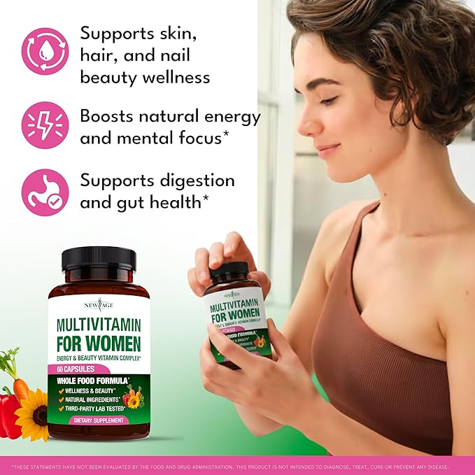 NEW AGE Multivitamin for Women - B-Complex Whole Foods Hair Support Iron - All in1 Womens Multivitamin - Bioavailable &amp Gentle on Stomach - Made in USA - 60 Count
