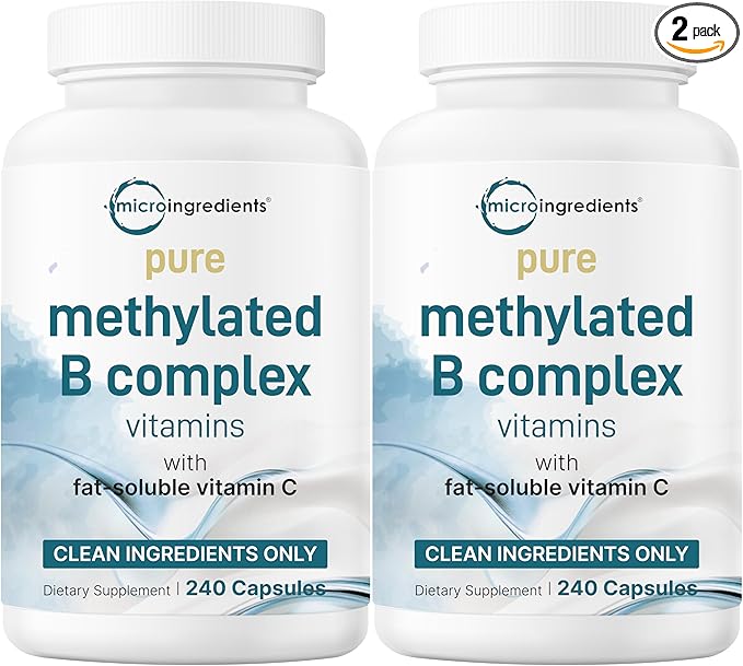 Micro Ingredients 2 Pack Pure Methylated B Complex 480 Capsules | 11-in-1 Formula with B12 Thiamin Folate Inositol Choline &amp Vitamin C | Filler Free | Non-GMO