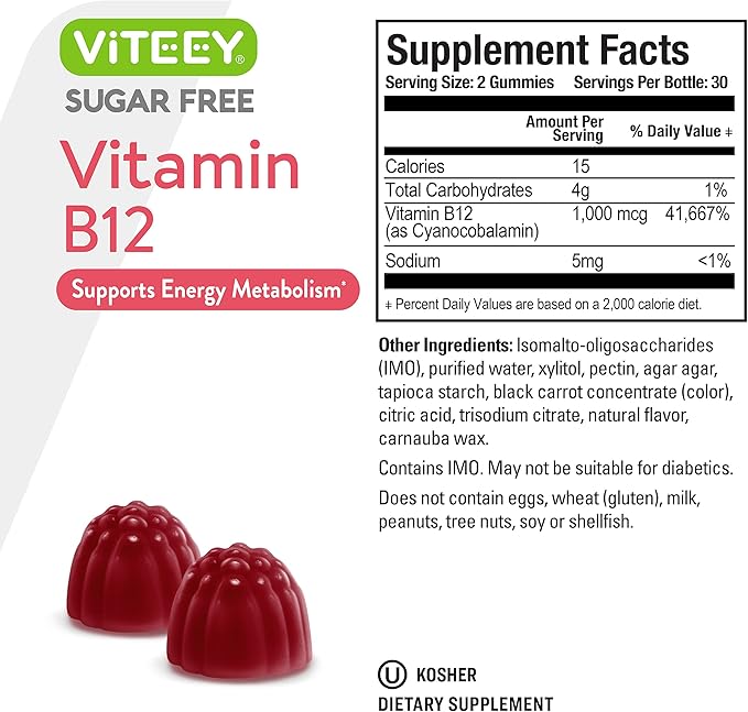 Viteey Vitamin B12 Gummies for Adults &amp Teens 1000mcg Sugar Free - Good for Energy Metabolism Natural Energy Support - Vegan Gelatin Free Gluten Free GMO Free - Chewable Strawberry Flavored