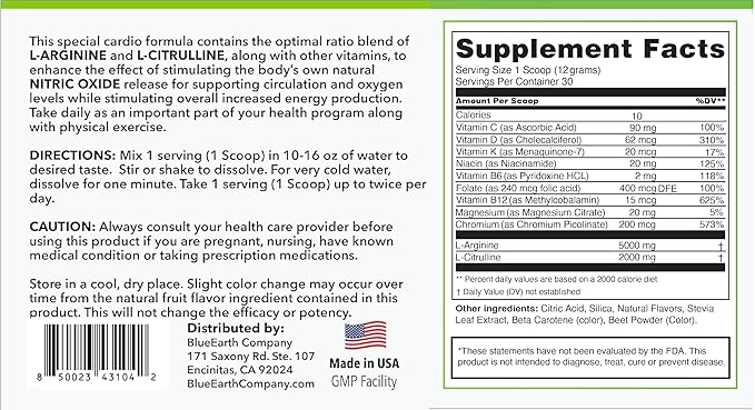 L-Arginine 5000mg + L-Citrulline 2000mg Complex Powder Supplement - Nitric Oxide Booster - Heart Health Blood Flow Energy &amp Endurance - 30 Servings (Peach Lemonade)