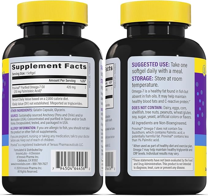 InnovixLabs Purified Omega 7 Supplement - 210 mg Omega-7 Palmitoleic Acid Fish Oil for Metabolism &amp Triglyceride Support Essential Fatty Acids IFOS Approved 30 Softgels (Pack of 2)