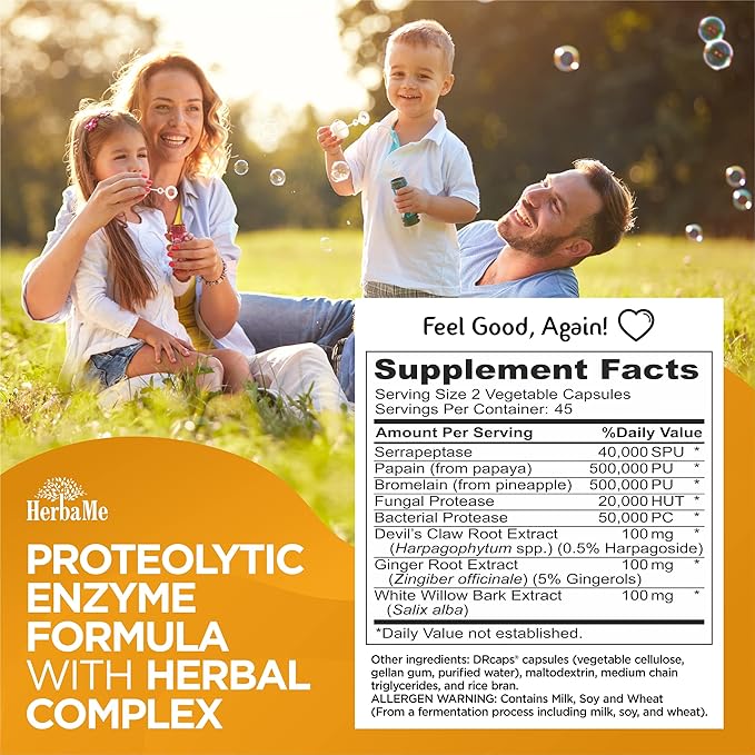 HerbaMe Proteolytic Enzymes Supplement with Serrapeptase - Devils Claw 90 Capsules Promotes Joints Relief Muscle and Tissue Health with Lasting Mobility Athletes Post Workout Recovery Support