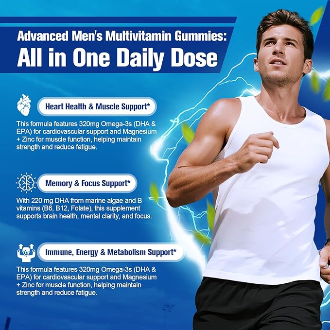 Multivitamin for Men Mens Multivitamins Gummies w/Omega-3 Probiotics Inositol Folate Biotin Zinc Vitamins A C D E B Support Heart Brain Muscle Energy Sugar-Free Berry Flavor
