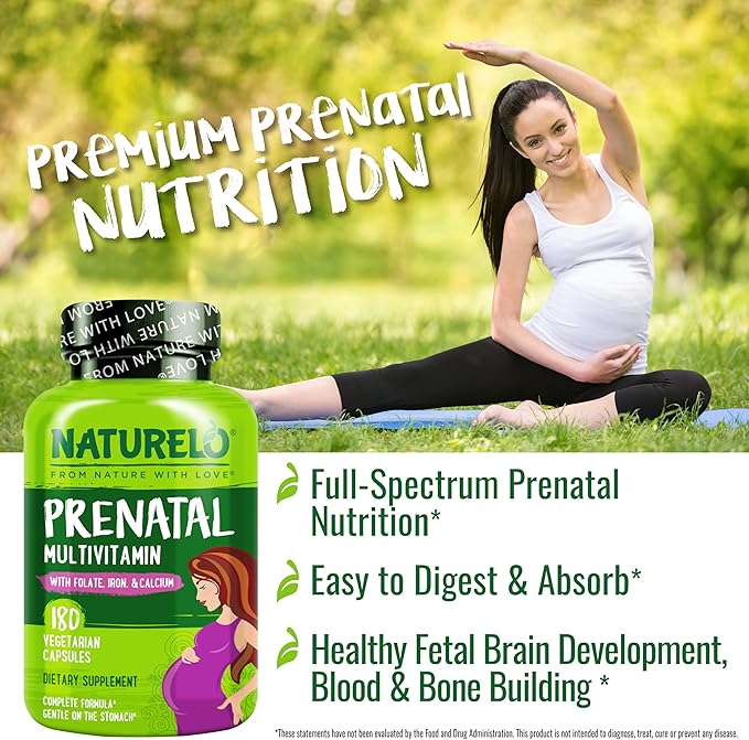 NATURELO Prenatal Multivitamin with Gentle Chelated Iron Methyl Folate Plant Calcium &amp Choline - Vegan Vegetarian - Non-GMO - Gluten Free - 180 Capsules - 2 Month Supply
