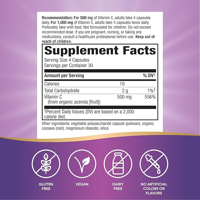 Nature's Way Alive! Vitamin C Supplement Made with Organic Acerola Cherries Immune Support* Antioxidant Support* 100% Fruit Source Vitamin C 120 Capsules (Packaging May Vary)
