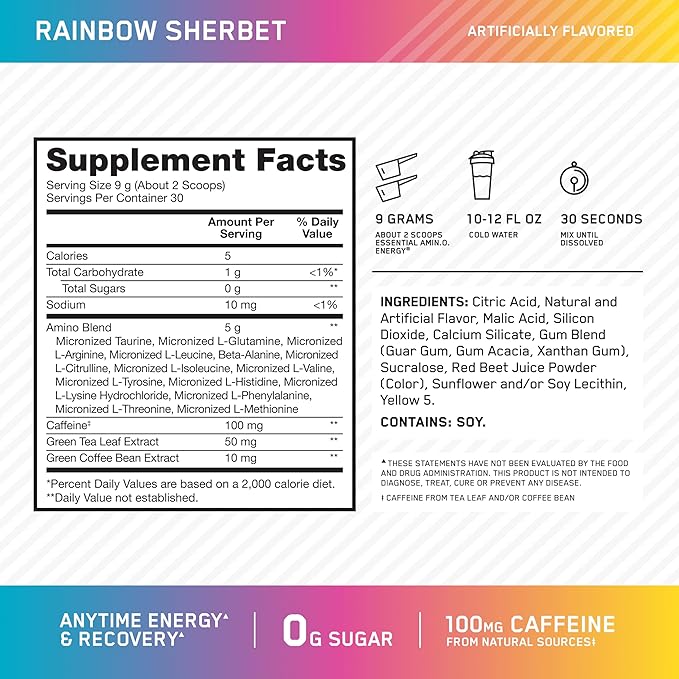 Optimum Nutrition New Flavor Amino Energy - Pre Workout with Green Tea BCAA Amino Acids Keto Friendly Green Coffee Extract Energy Powder - Rainbow Sherbet 30 Servings (Packaging May Vary)