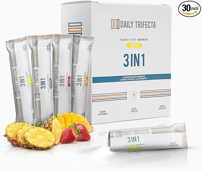 DAILY TRIFECTA 3-in-1 Collagen Creatine &amp Electrolyte Stick Packs | Type I Collagen Creatine Monohydrate Zero Sugar | 30 Natural Single-Serve Packets | Strength Hydration &amp Recovery (Pinea