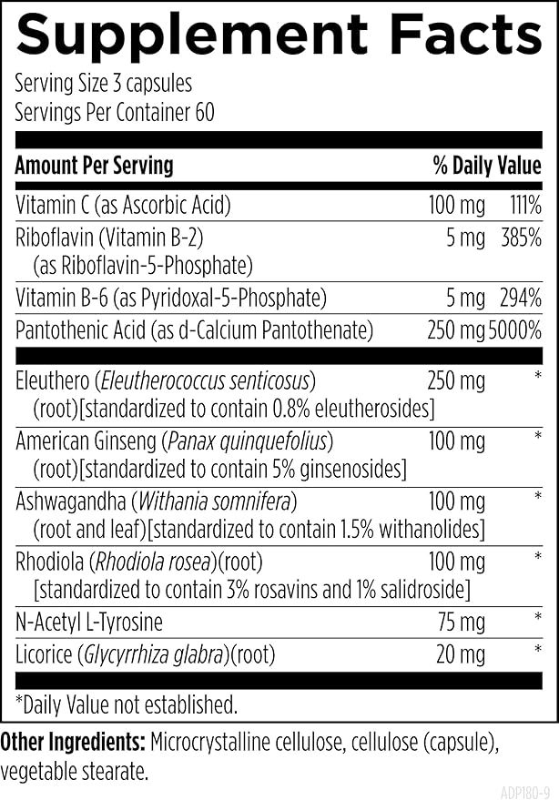 Designs for Health Adrenotone - Energy &amp Mood Support Supplement with Rhodiola Rosea Ashwagandha Vitamins B6 B2 + B5 - Designed to Support Healthy Cortisol Levels (180 Capsules)