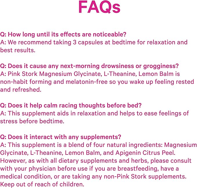 Pink Stork Magnesium Glycinate L-Theanine Lemon Balm - Melatonin-Free Magnesium for Sleep Support - Natural Calm and Relaxation - 90 Capsules