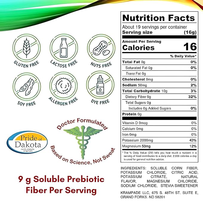 Krampade High Fiber High Potassium Electrolyte Powder Zero Sugar Lemon Lime 9g Dietary Fiber 3950mg Electrolytes 2000mg Potassium 50mg Mag Digestive Health Support Keto Weight Loss 19 Serving