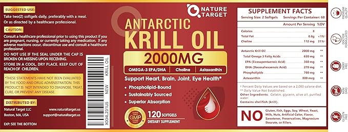 NATURE TARGET Krill Oil 2000 mg with Omega-3 EPA &amp DHA with Astaxanthin Supplement Choline - Supports Heart Brain Join Eye Health Non-GMO Gluten Free 120 Softgels (60 Servings)