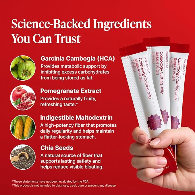 FOODOLOGY Coleology Cutting Stick Jelly (Pomegranate) – Dietary Fiber Supplement for Healthy Weight Management Chia Seeds &amp Garcinia Cambogia Korean Beauty with Collagen – 10 Sticks