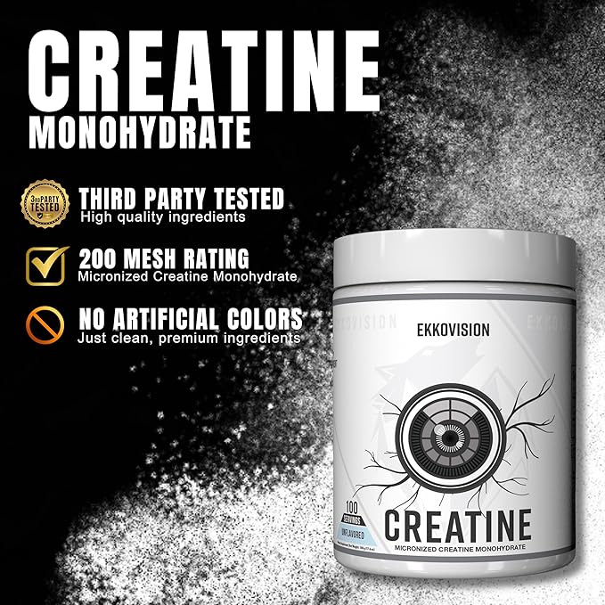 Ekkovision Creatine Monohydrate Powder Micronized Unflavored Pre Workout &amp Post Workout Supplement for Men and Women Energy Support Easy to Mix in Shakes Smoothies &amp Beverages 100 Servi